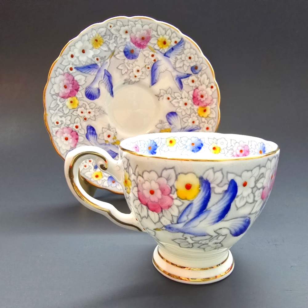 Mini Tuscan Enameled Bone China Demitasse Cup & Saucer, Blue Bird. TINY Mint